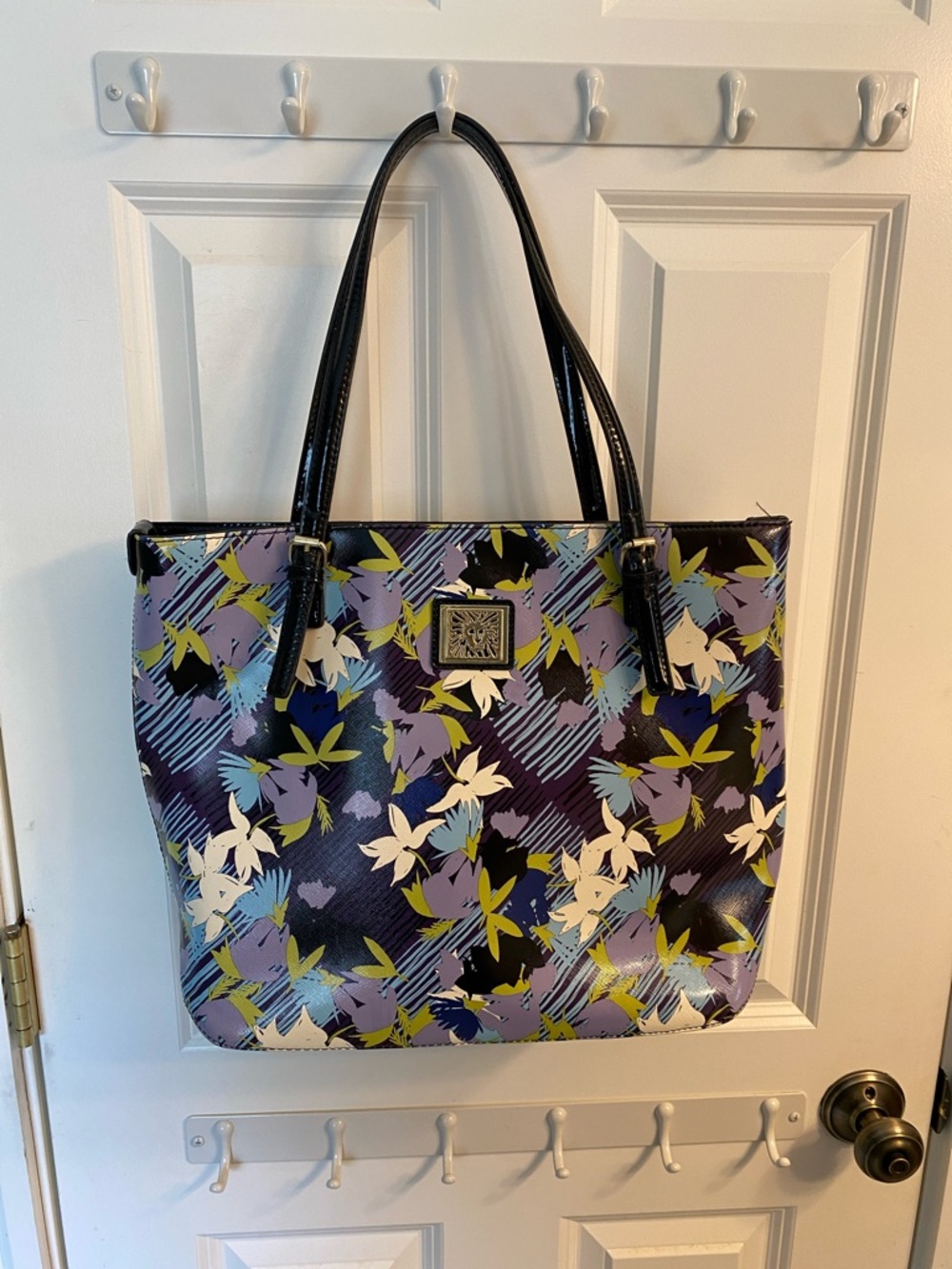 Anne Klein Purple Multi Floral Patent Leather Tote with Black Handles